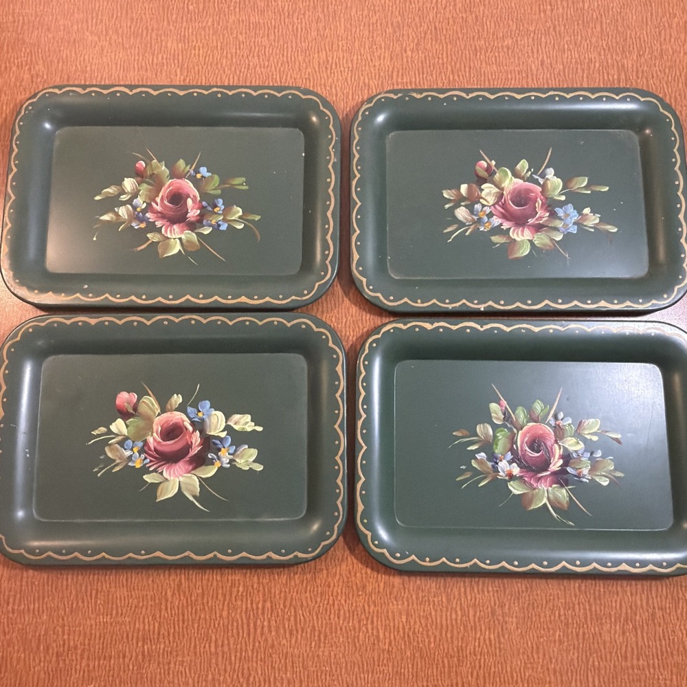 Vtg Hand Painted Green Floral Small Metal Trays By E.T. Nash Co NY 6.5x4.5"